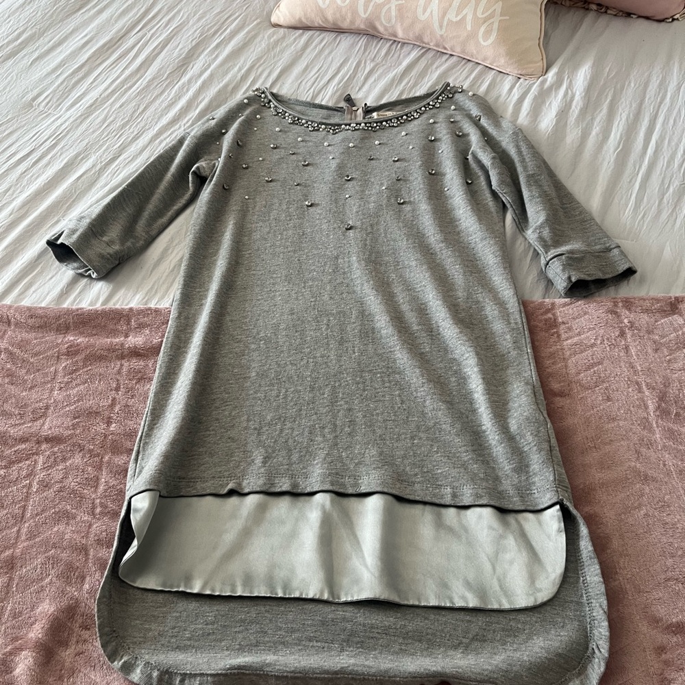 Georgia and John’s Gray Embellished Sweater Dress